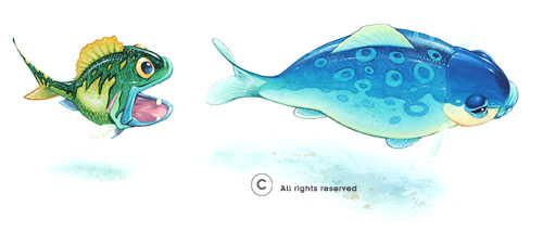 Akvarel illustration - Små og store fisk